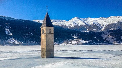 Frozen Resia lake in winter