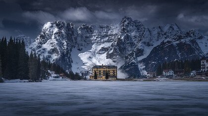 Snow-covered Misurina lake