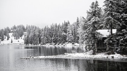 Snow-covered Misurina lake