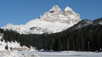 Snow-covered Misurina lake