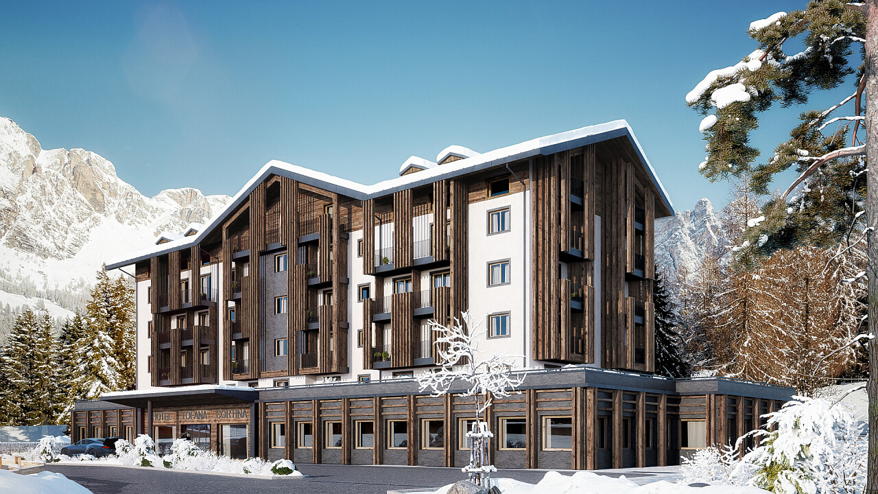 Esterno invernale Hotel Tofana Cortina