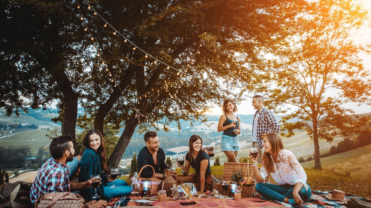 Group of friends for picnic in the mountains