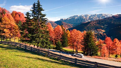 Auto in autunno lungo le strade delle Dolomiti