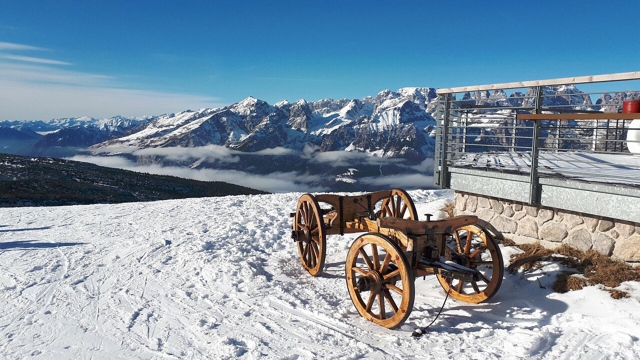 Snow-covered Brenta Dolomites panorama from the Paganella ski area